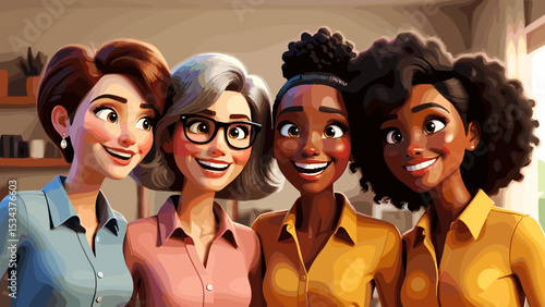 Animated Group Portrait of Happy Diverse Women Friends Indoors