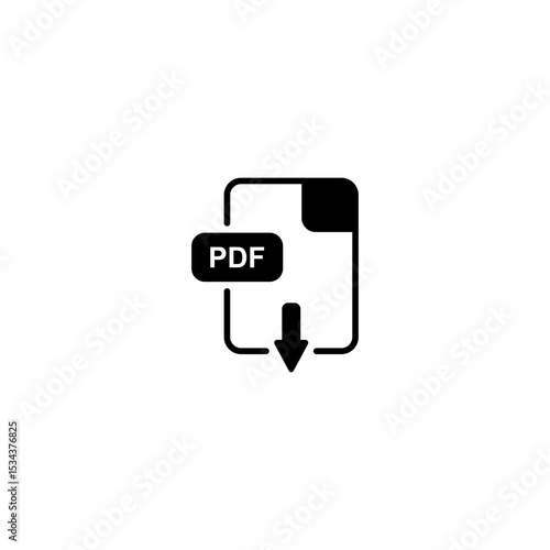 Vector icon of PDF document with download arrow, black file symbol isolated on white background. Minimal flat design for web and app interface.