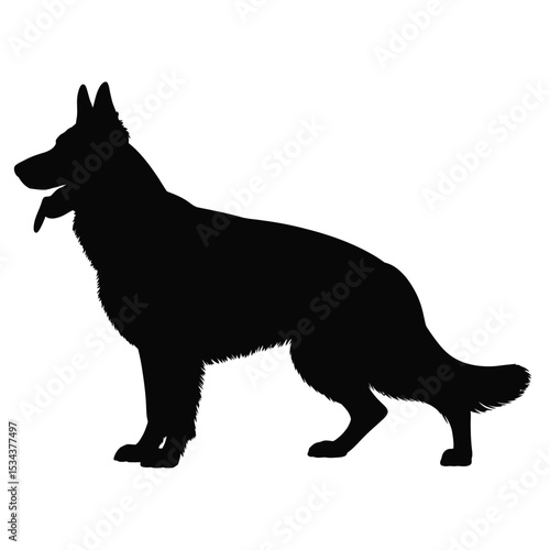 a solid black silhouette of a german shepherd dog in profile showing alert posture and breed characteristics