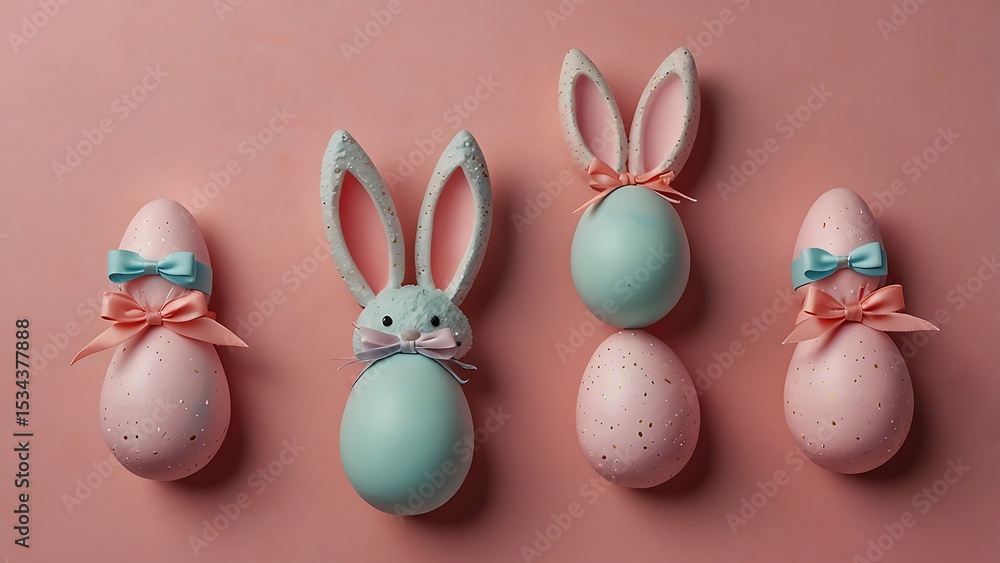 Decorative pastel Easter eggs and bunny ears arranged on a pink surface in a festive layout isolated on pink background Decorative pastel Easter eggs and bunny ears arranged on a pink surface in a festive layout isolated on pink background