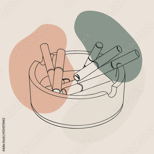 minimalistic black silhouette line-art illustration of an ashtray filled with several cigarette butts