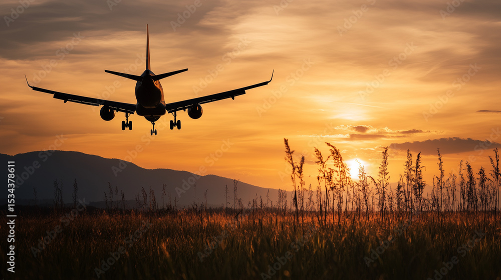 Sustainable aviation biofuels as energy alternatives for future flights at sunset landscape Sustainable aviation biofuels as energy alternatives for future flights at sunset landscape