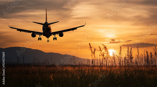 Sustainable aviation biofuels as energy alternatives for future flights at sunset landscape
