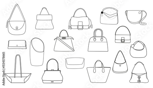 Set of hand-drawn fashion handbag sketches. Minimalist line art collection of trendy women’s bags. Outline style for design, branding, packaging, and fashion illustration.