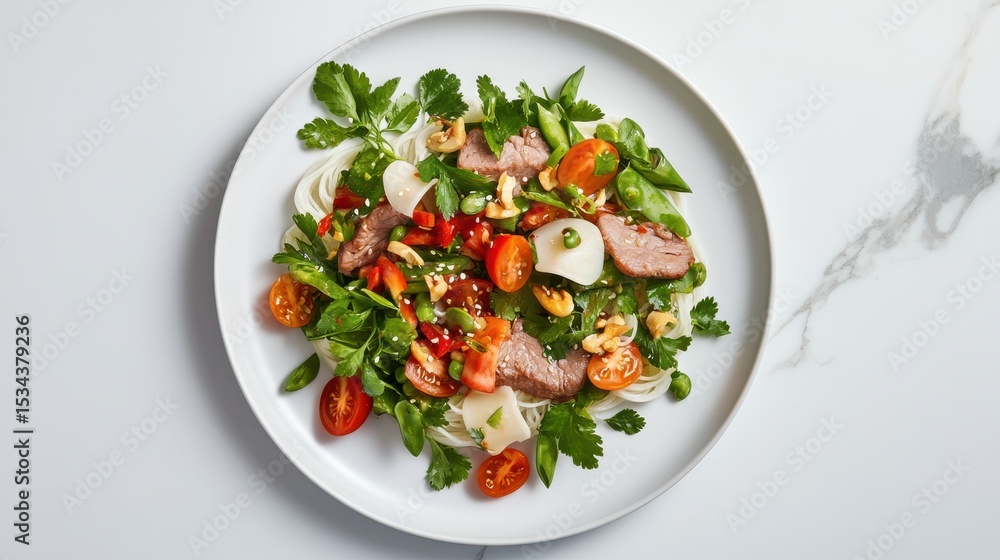 Delicious Plate of Savory Meat Fresh Vegetables and Juicy Tomatoes Artfully Arranged Delicious Plate of Savory Meat Fresh Vegetables and Juicy Tomatoes Artfully Arranged