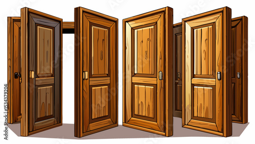 Interroom door isolated on white background. Set of wooden doors at different stages of opening. 3D rendering.