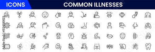 Common Illnesses line icons set. Common Illnesses outline icons with editable stroke collection. These Includes Breast Cancer, Depression, Brain Tumor, Allergy, Diabetes, and More.