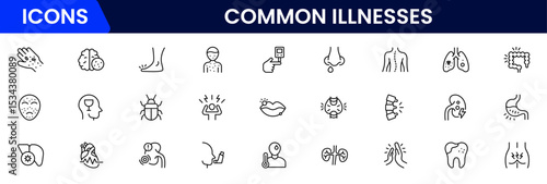 Common Illnesses line icons set. Common Illnesses outline icons with editable stroke collection. These Includes Breast Cancer, Depression, Brain Tumor, Allergy, Diabetes, and More.