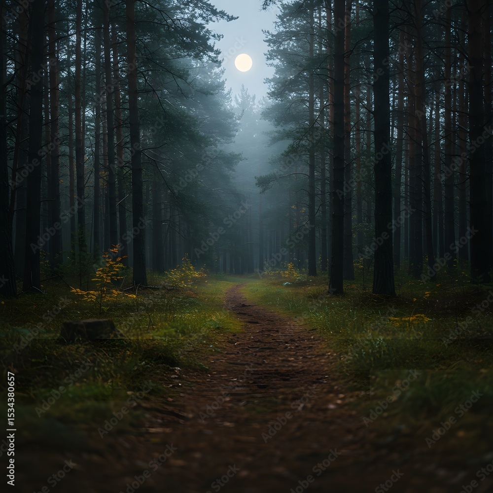 Obraz premium Forest Path at Night with Moon