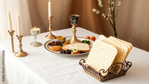 Passover side view table setting featuring a Seder plate, matzah, a cup of wine, and symbolic foods