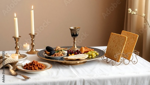 Passover side view table setting featuring a Seder plate, matzah, a cup of wine, and symbolic foods