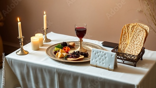 Passover side view table setting featuring a Seder plate, matzah, a cup of wine, and symbolic foods