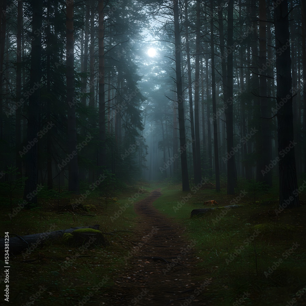 Obraz premium Path Through a Misty Forest of Tall Trees