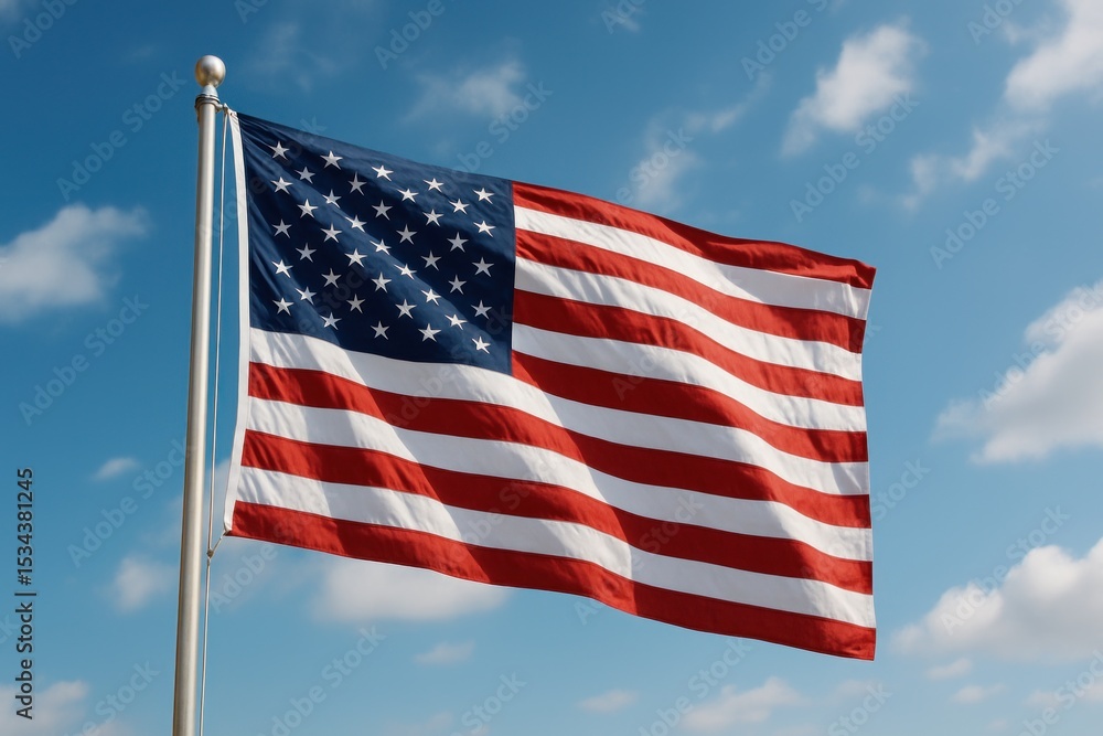 American flag waving under a blue sky with scattered clouds during the day American flag waving under a blue sky with scattered clouds during the day