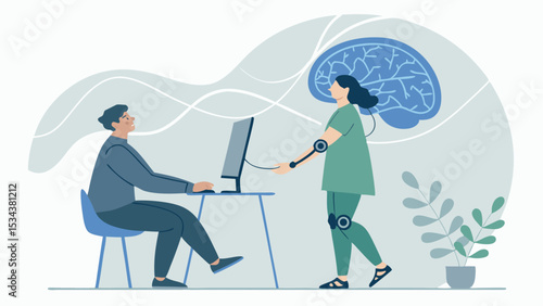Soft Blues Vector Art of Brain-Computer Interface Technology  