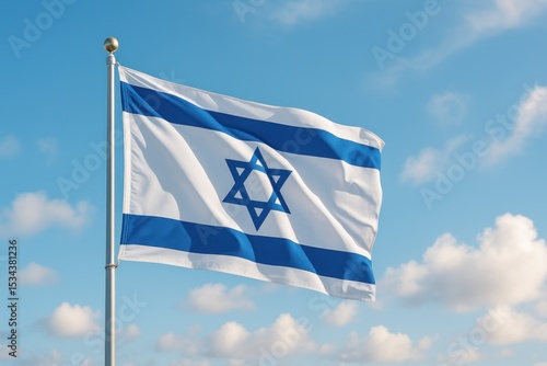 Israeli flag waving against a bright blue sky with clouds in the afternoon