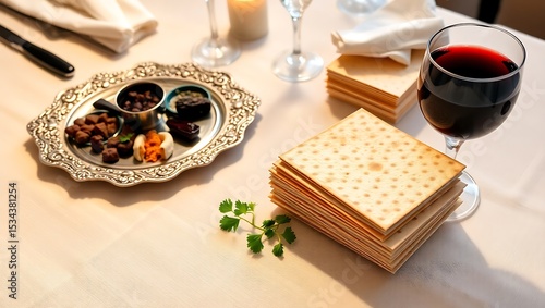 Passover side view table setting featuring a Seder plate, matzah, a cup of wine, and symbolic foods