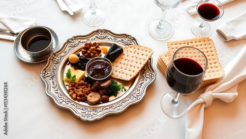 Passover side view table setting featuring a Seder plate, matzah, a cup of wine, and symbolic foods