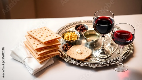 Passover side view table setting featuring a Seder plate, matzah, a cup of wine, and symbolic foods