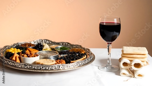 Passover side view table setting featuring a Seder plate, matzah, a cup of wine, and symbolic foods