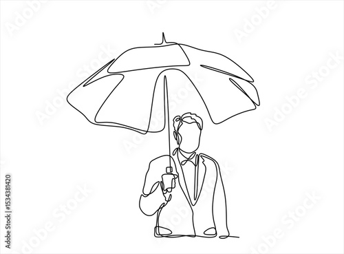 One continuous line art. A man holds an open umbrella above himself. Hand drawn one line vector. Editable stroke