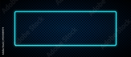 Neon rectangle. Light glow box blue color isolated on dark background. Illuminated frame for design print. Abstract digital border. Glowing sign. Flare line. Speckle radial button. Vector illustration