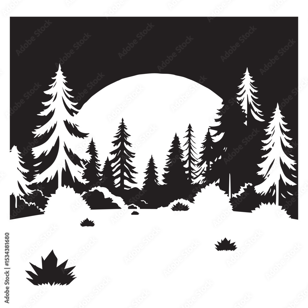 Fototapeta premium Black and white silhouette of a forest at night with a full moon