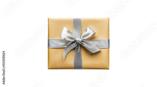 gift box decorated with gold wrapped paper and beautiful silver color ribbon