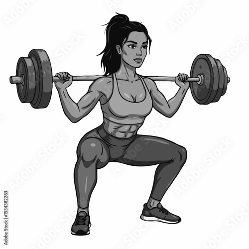 A strong monochrome female weightlifter in a determined mood performing a squat with a barbell on a white background