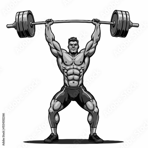 A muscular monochrome male weightlifter powerfully lifting a heavy barbell on a white background