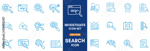 Search Editable Icons set. Vector illustration in modern thin line style of research related icons: inspector, monitoring, analysis, and more. Pictograms and info graphics for mobile apps.