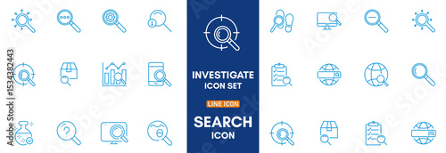 Search Editable Icons set. Vector illustration in modern thin line style of research related icons: inspector, monitoring, analysis, and more. Pictograms and info graphics for mobile apps.