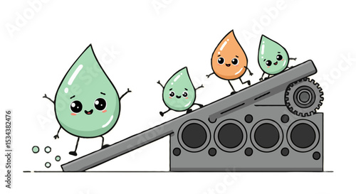 Cute kawaii-style oil drop mascots in green and orange sliding into an engine for car maintenance themes