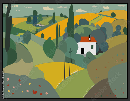 A quaint house with a red roof is nestled among rolling hills and lush greenery. The landscape features verdant fields, tall trees, and distant farmhouses under a calm sky.