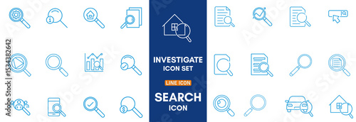 Search Editable Icons set. Vector illustration in modern thin line style of research related icons: inspector, monitoring, analysis, and more. Pictograms and info graphics for mobile apps.