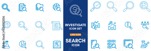 Search Editable Icons set. Vector illustration in modern thin line style of research related icons: inspector, monitoring, analysis, and more. Pictograms and info graphics for mobile apps.