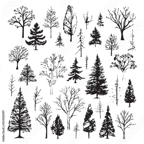 Collection of hand drawn black trees and conifers