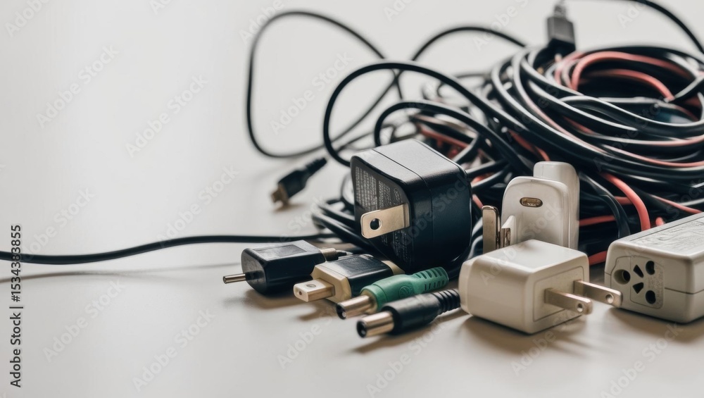 Close-up of tangled wires and obsolete tech accessories. Close-up of tangled wires and obsolete tech accessories.