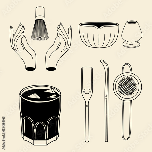 Matcha tea illustration set. Original hand-drawn green tea illustrations featuring matcha brewing utensils, a bamboo matcha whisk, and a Japanese matcha green tea brewing brush for posters, cards, caf