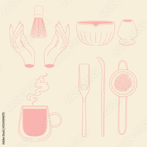 Matcha tea illustration set. Original hand-drawn green tea illustrations featuring matcha brewing utensils, a bamboo matcha whisk, and a Japanese matcha green tea brewing brush for posters, cards, caf
