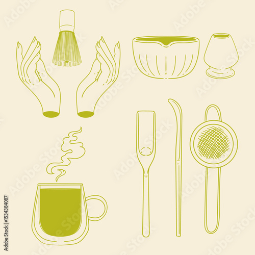 Matcha tea illustration set. Original hand-drawn green tea illustrations featuring matcha brewing utensils, a bamboo matcha whisk, and a Japanese matcha green tea brewing brush for posters, cards, caf