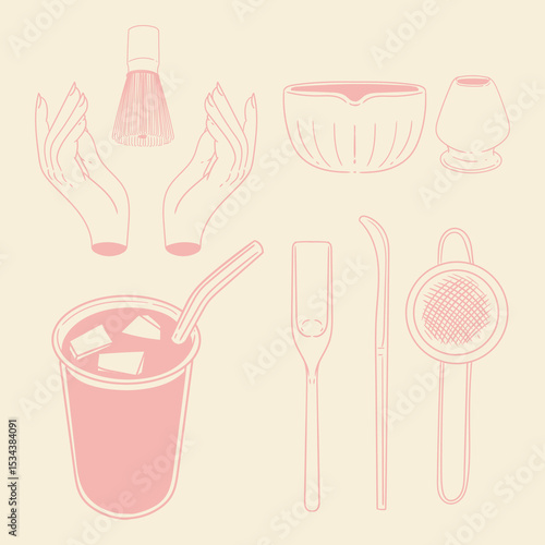 Matcha tea illustration set. Original hand-drawn green tea illustrations featuring matcha brewing utensils, a bamboo matcha whisk, and a Japanese matcha green tea brewing brush for posters, cards, caf