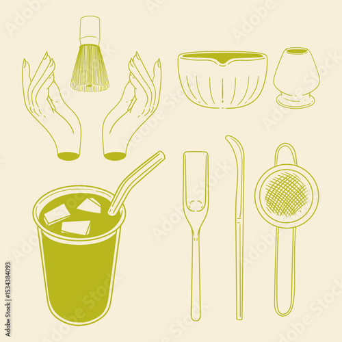 Matcha tea illustration set. Original hand-drawn green tea illustrations featuring matcha brewing utensils, a bamboo matcha whisk, and a Japanese matcha green tea brewing brush for posters, cards, caf