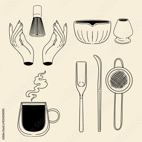 Matcha tea illustration set. Original hand-drawn green tea illustrations featuring matcha brewing utensils, a bamboo matcha whisk, and a Japanese matcha green tea brewing brush for posters, cards, caf