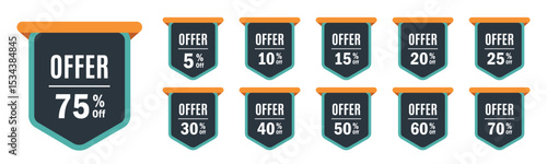 Set of black and blue offer tags with varying percentage discounts, ranging from 5% to 75% off, ideal for sales promotions and retail marketing