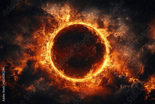 Fiery ring of flames encircles dark void against a cosmic backdrop