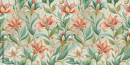 Vibrant floral pattern featuring elegant lilies and soft leaves.