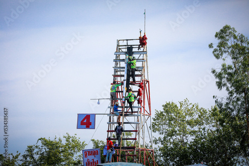 Fototapeta Naklejka Na Ścianę i Meble -  Yasothon, Thailand -18 May 2025 : Yasothon Rocket Festival Lighting rockets is a ritual asking for rain to the gods to get water for agriculture. according to local beliefs joyful atmosphere,to local