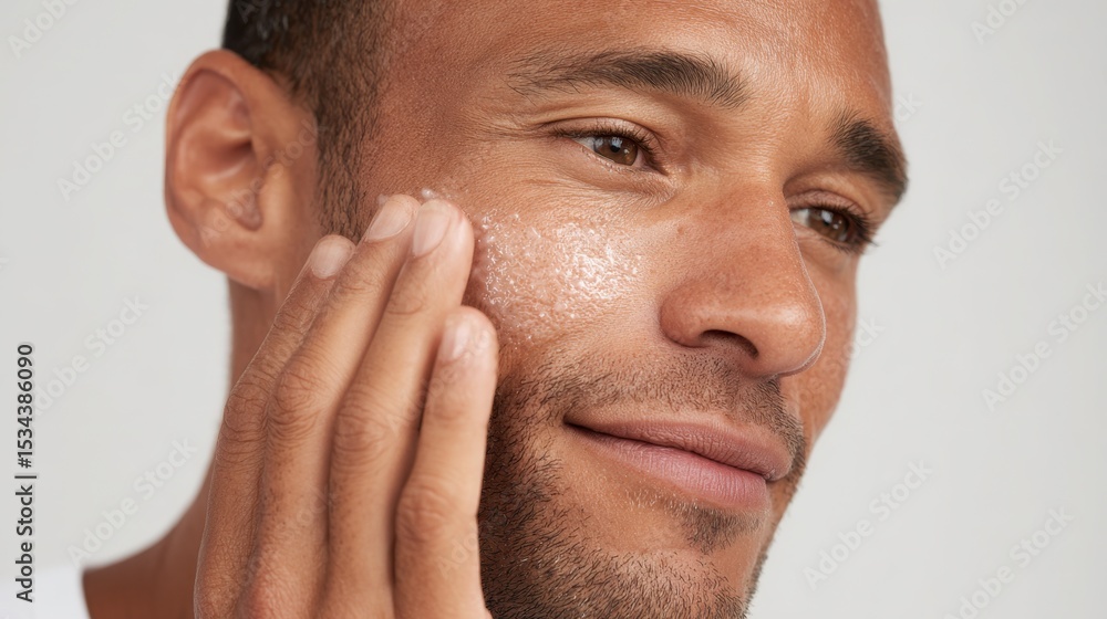 Fototapeta premium Skincare Application: An adult man applies a rejuvenating skincare product with a gentle touch, highlighting self-care and well-being.