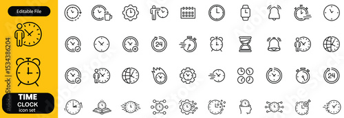 Set of time related line icons. Clock, watch, calendar, timer etc. Editable stroke